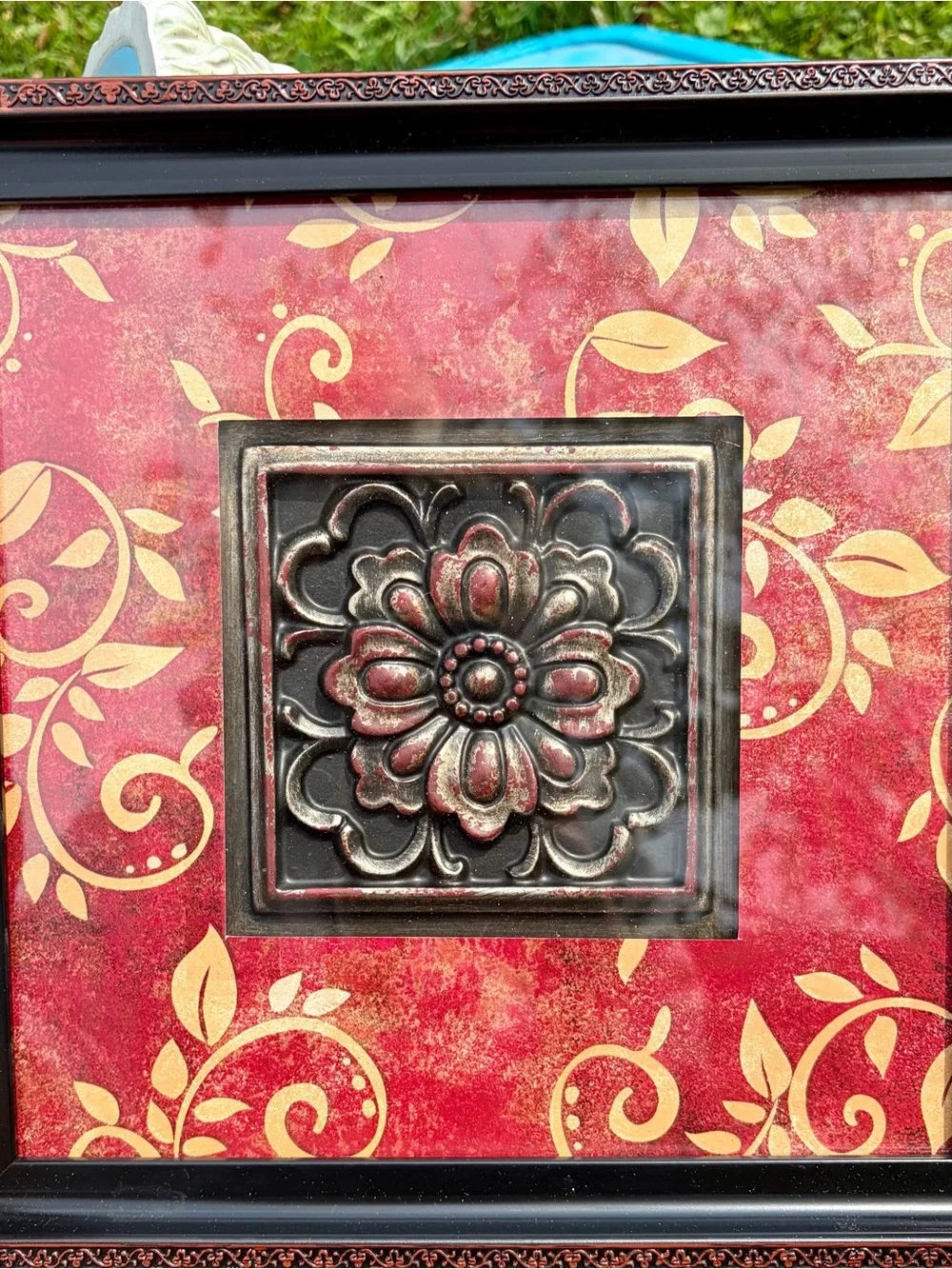 Framed Red and Gold Floral Relief Wall Art